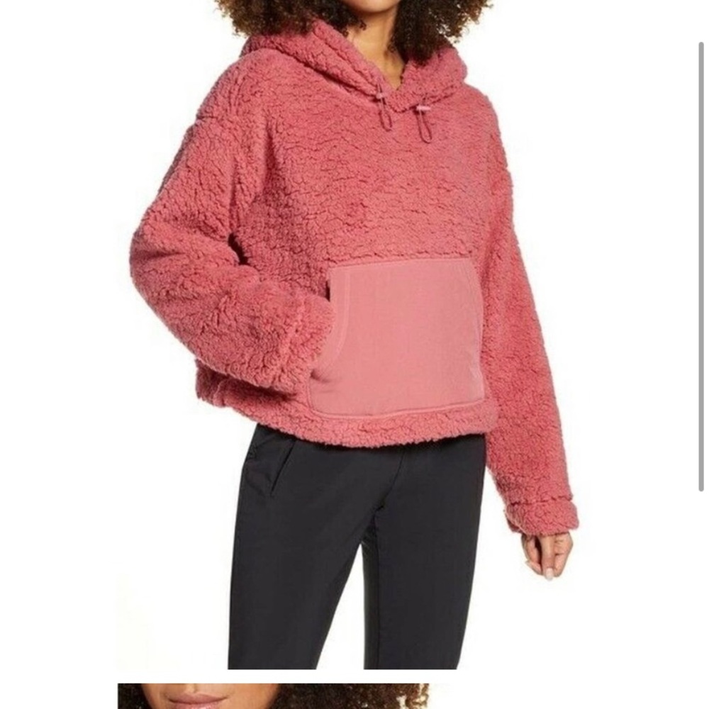 Zella Cassie Faux Shearling Hoodie Kangaroo Pocket Pullover Womens Pink NWT